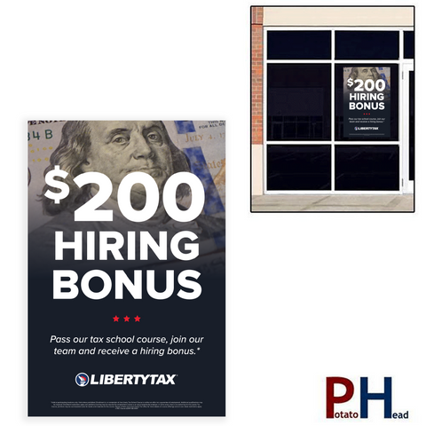 TAX SCHOOL "HIRING BONUS" | Window Cling or Window Banner | Vertical/Portrait (24"W X 36"H) [2023]