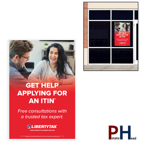 "Get Help For Applying for ITIN"| Window Cling or Window Banner | Vertical/Portrait (24"W X 36"H) [2024]