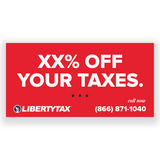 "XX% Off Your Taxes" | Outdoor Banner | Choose Color (Red, Blue, Navy), Size, Features, Input Phone # [2023]