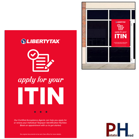 "Apply For Your ITIN" (Choose Color) | Window Cling or Window Banner | Vertical/Portrait (24"W X 36"H) [2023]